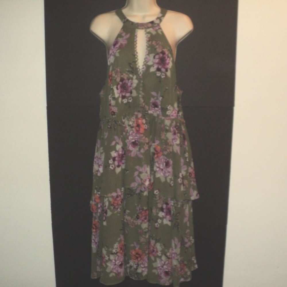 torrid Olive Green Floral Midi Dress with Purple & Pink Blooms